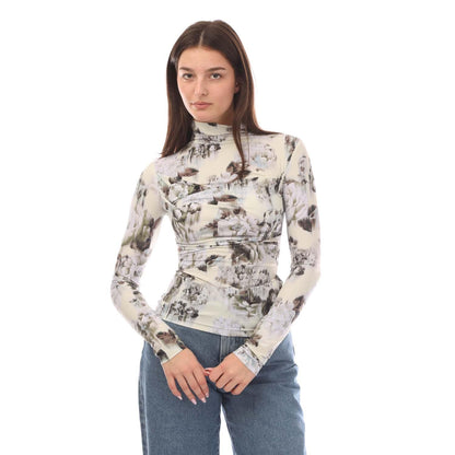 Grey-Off White - Pack Shot - Off White Womens-Ladies Chine Sec Skin Twist Long-Sleeved Top
