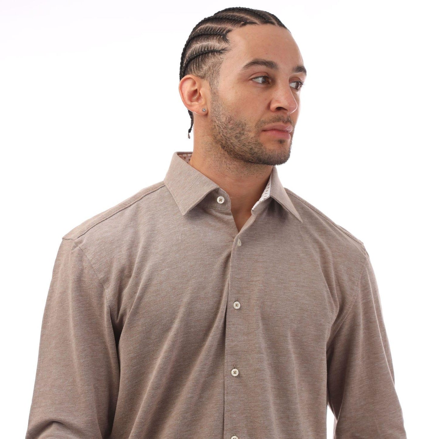 Beige - Side - Boss Mens C-Hal Jersey Kent Collar Shirt