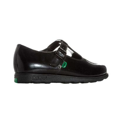 Black - Pack Shot - Kickers Womens-Ladies Fragma Patent Leather T-Bar Mary Janes