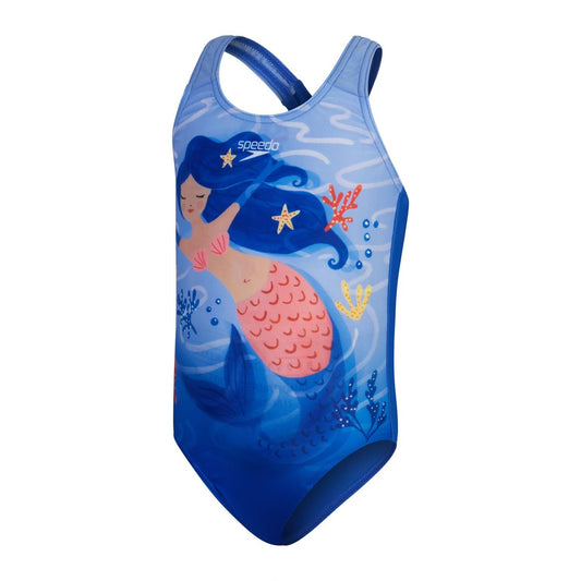 Blue-Pink - Front - Speedo Girls Placement 1 One Piece Swimsuit