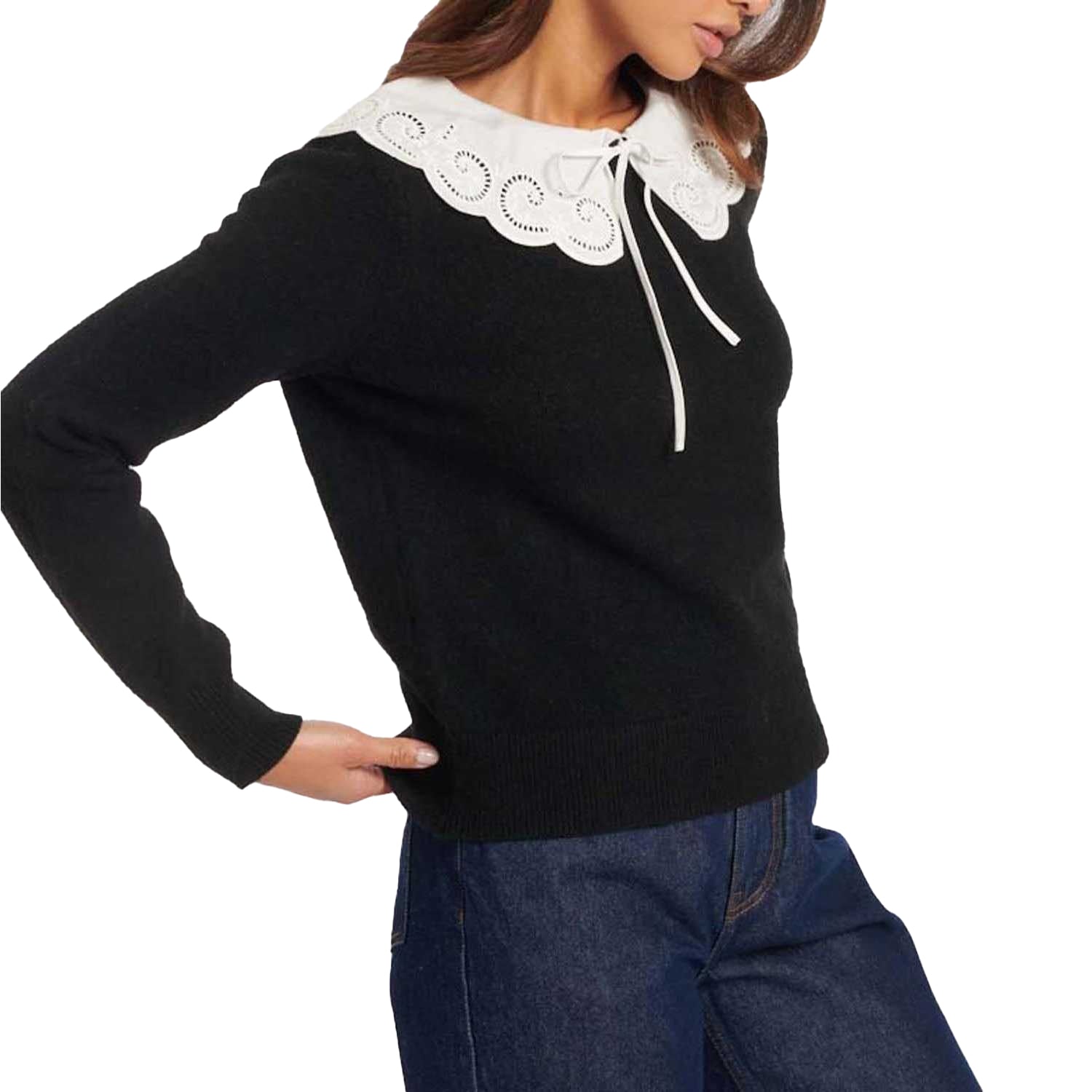 Black - Lifestyle - Nobody´s Child Womens-Ladies Broderie Anglaise Collar Sweater Top