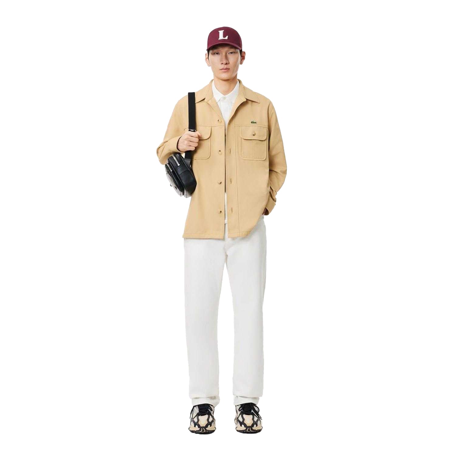 Beige - Close up - Lacoste Mens Plaid Cotton Twill Oversized Overshirt