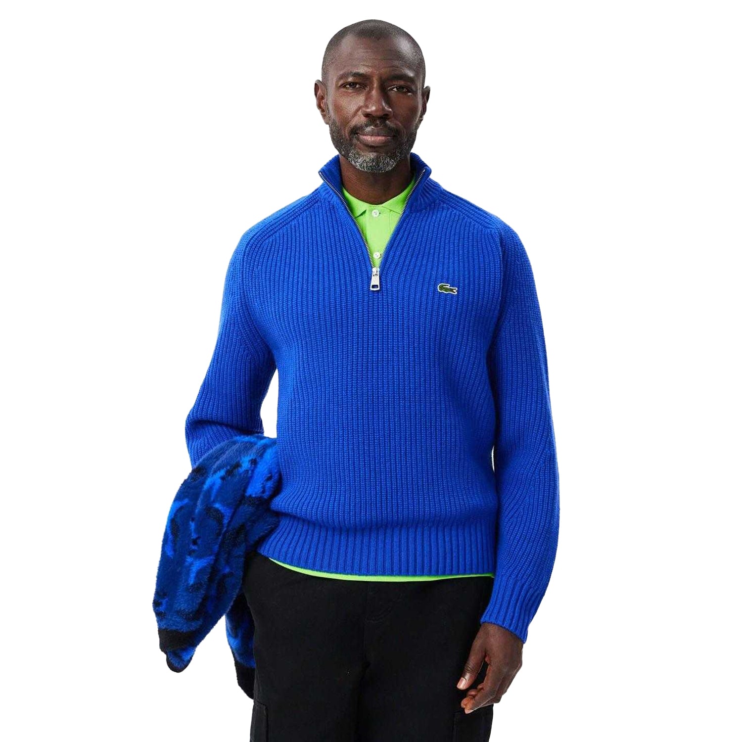 Blue - Side - Lacoste Mens Zipper Carded Wool High-Neck Jumper