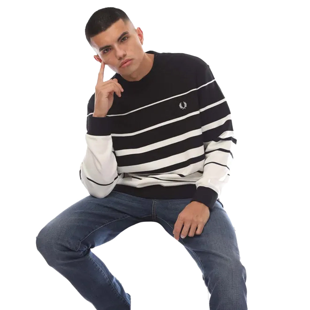 White-Black - Side - Fred Perry Mens Striped Sweatshirt