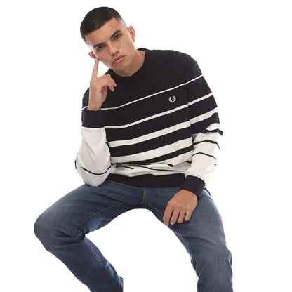 White-Black - Side - Fred Perry Mens Striped Sweatshirt