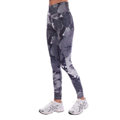Grey - Side - Adidas Womens-Ladies Essentials Floral High Waist Training Leggings