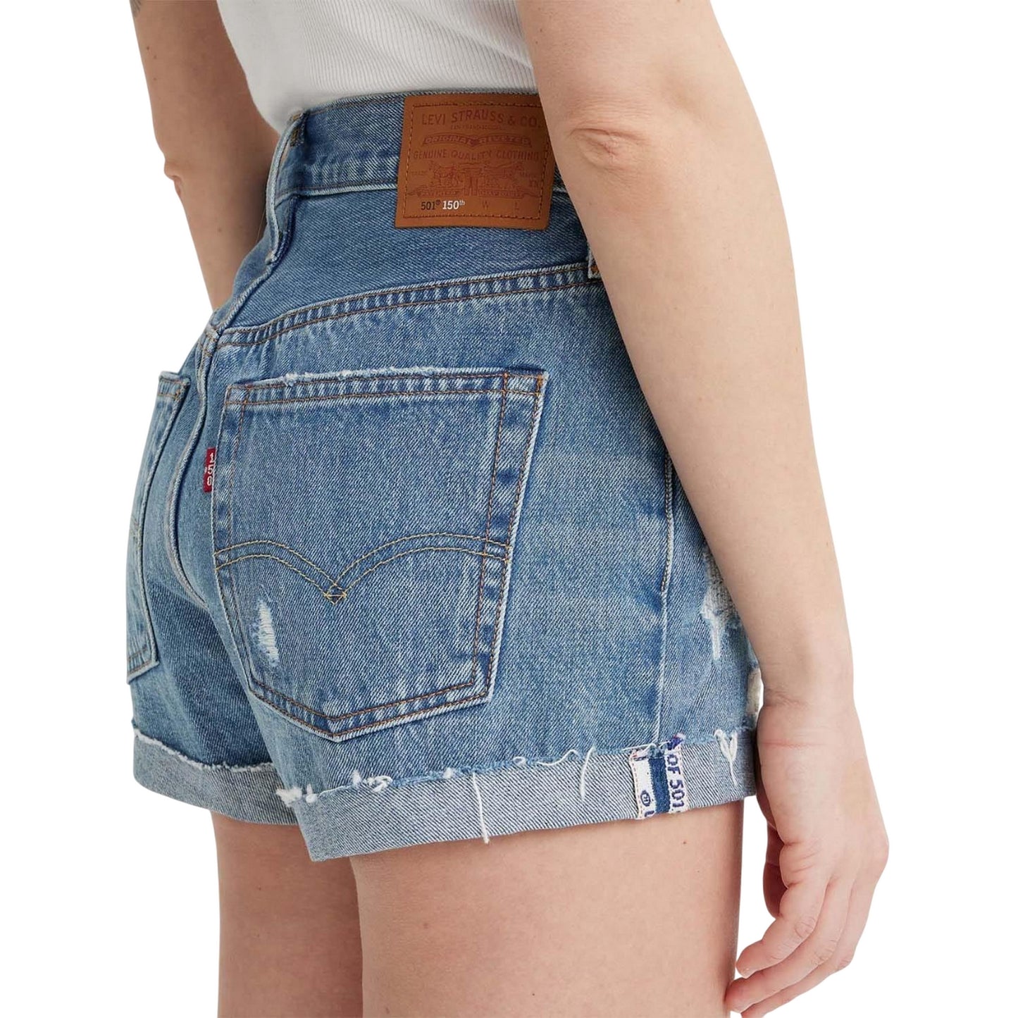 Denim - Side - Levis Womens-Ladies 501 Selvedge High Rise Casual Shorts