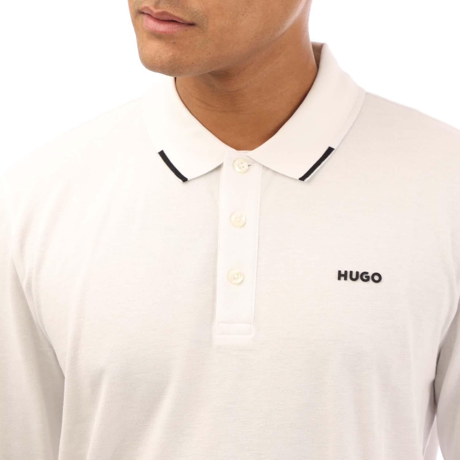 Natural - Side - Hugo Mens Derrikos Logo Long-Sleeved Polo Shirt