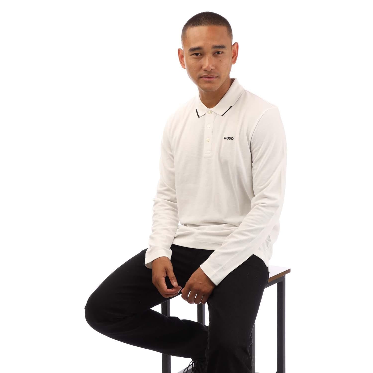 Natural - Lifestyle - Hugo Mens Derrikos Logo Long-Sleeved Polo Shirt