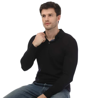 Navy - Side - Ted Baker Mens Kamber Merino Wool Long-Sleeved Polo Shirt