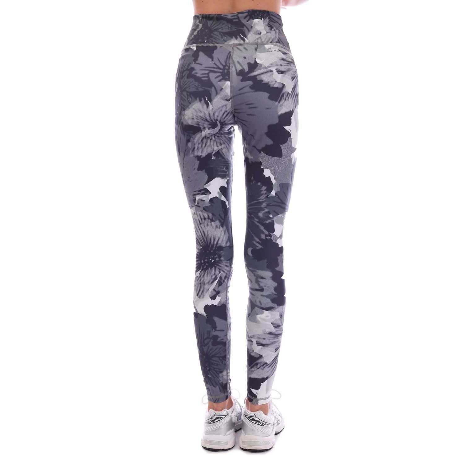 Grey - Back - Adidas Womens-Ladies Essentials Flower High Waist Training Leggings