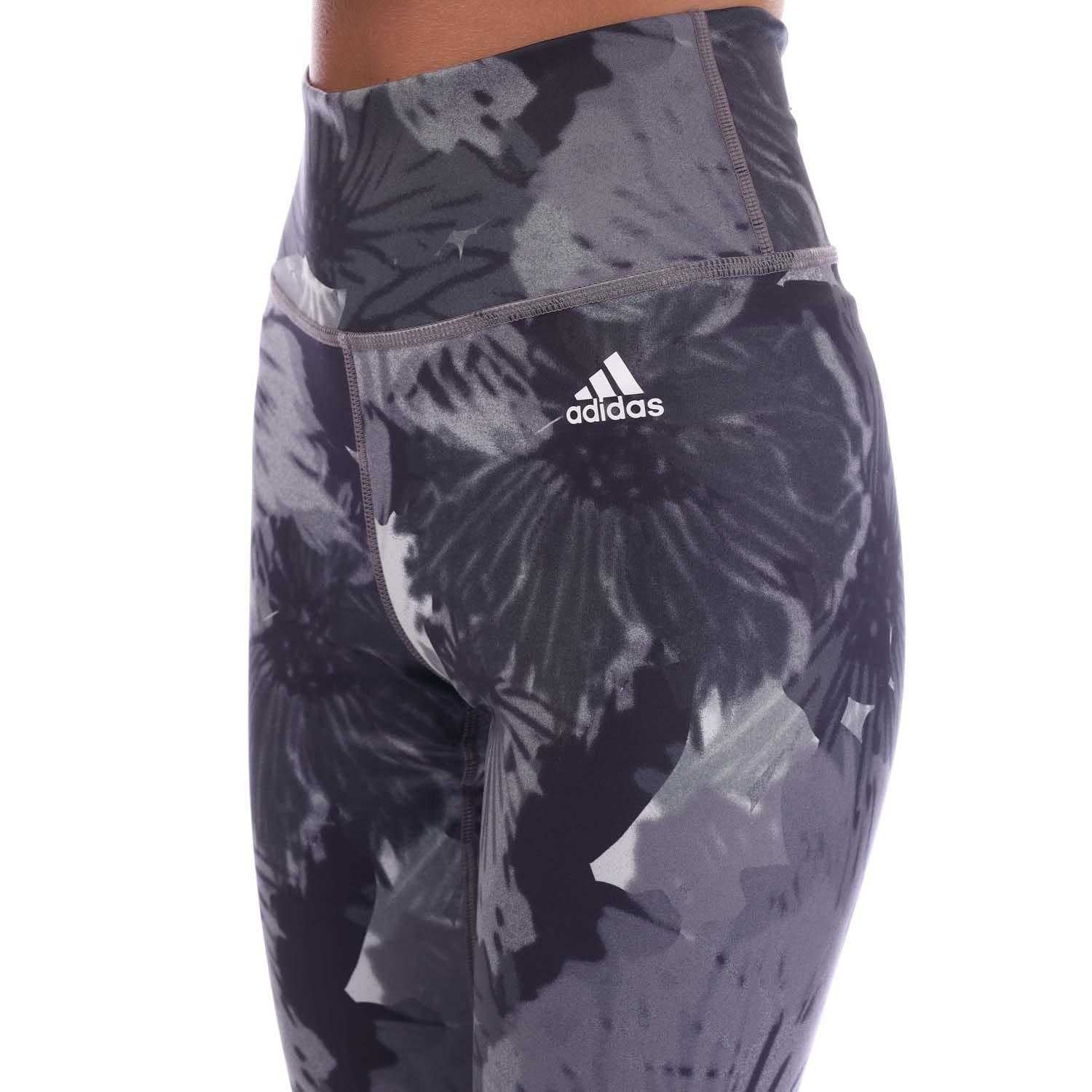 Grey - Side - Adidas Womens-Ladies Essentials Flower High Waist Training Leggings