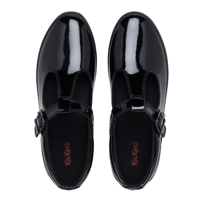 Black - Side - Kickers Womens-Ladies Patent Leather T-Bar Shoes