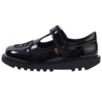 Black - Side - Kickers Girls Stardust Patent Leather T-Bar School Shoes