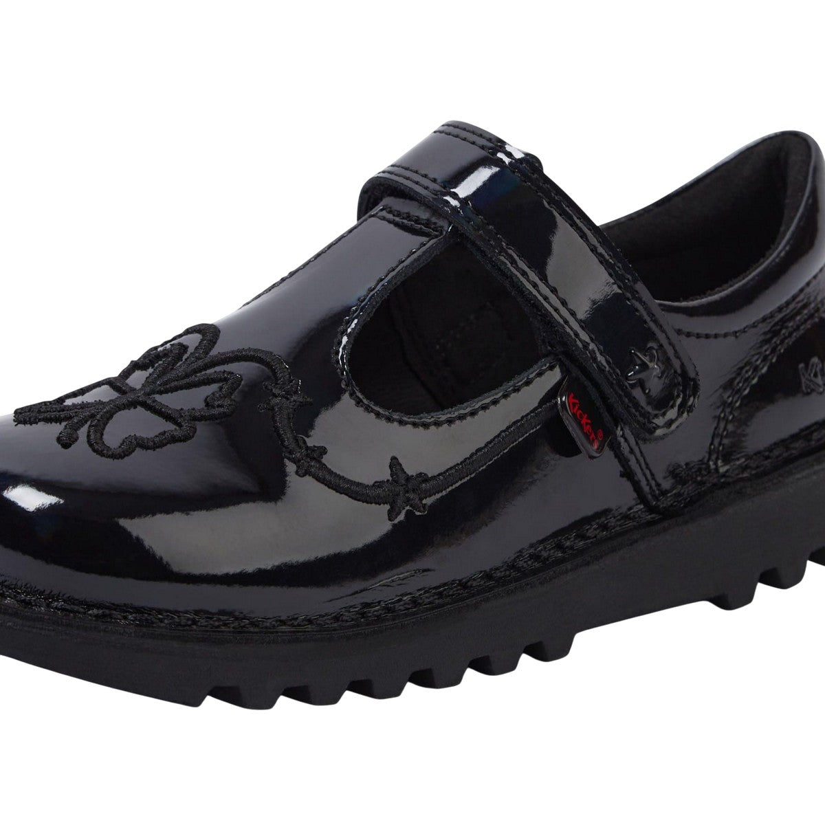 Black - Close up - Kickers Girls Stardust Patent Leather T-Bar School Shoes
