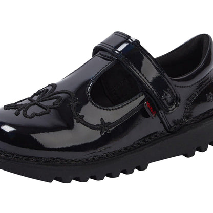 Black - Close up - Kickers Girls Stardust Patent Leather T-Bar School Shoes