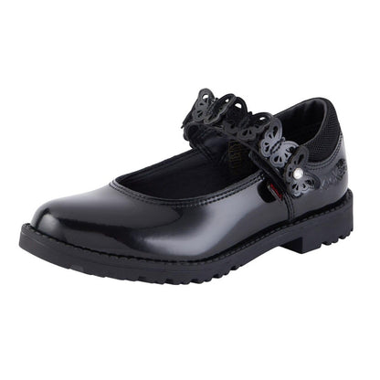 Black - Side - Kickers Girls Lachly Butterfly Patent Leather School Shoes