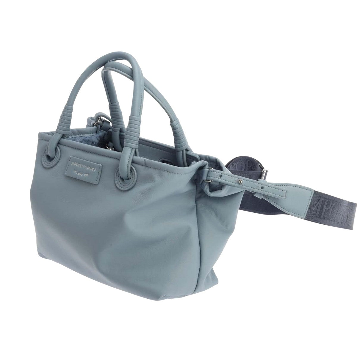 Blue - Side - Emporio Armani Logo Faux Fur Lined Shopper Bag