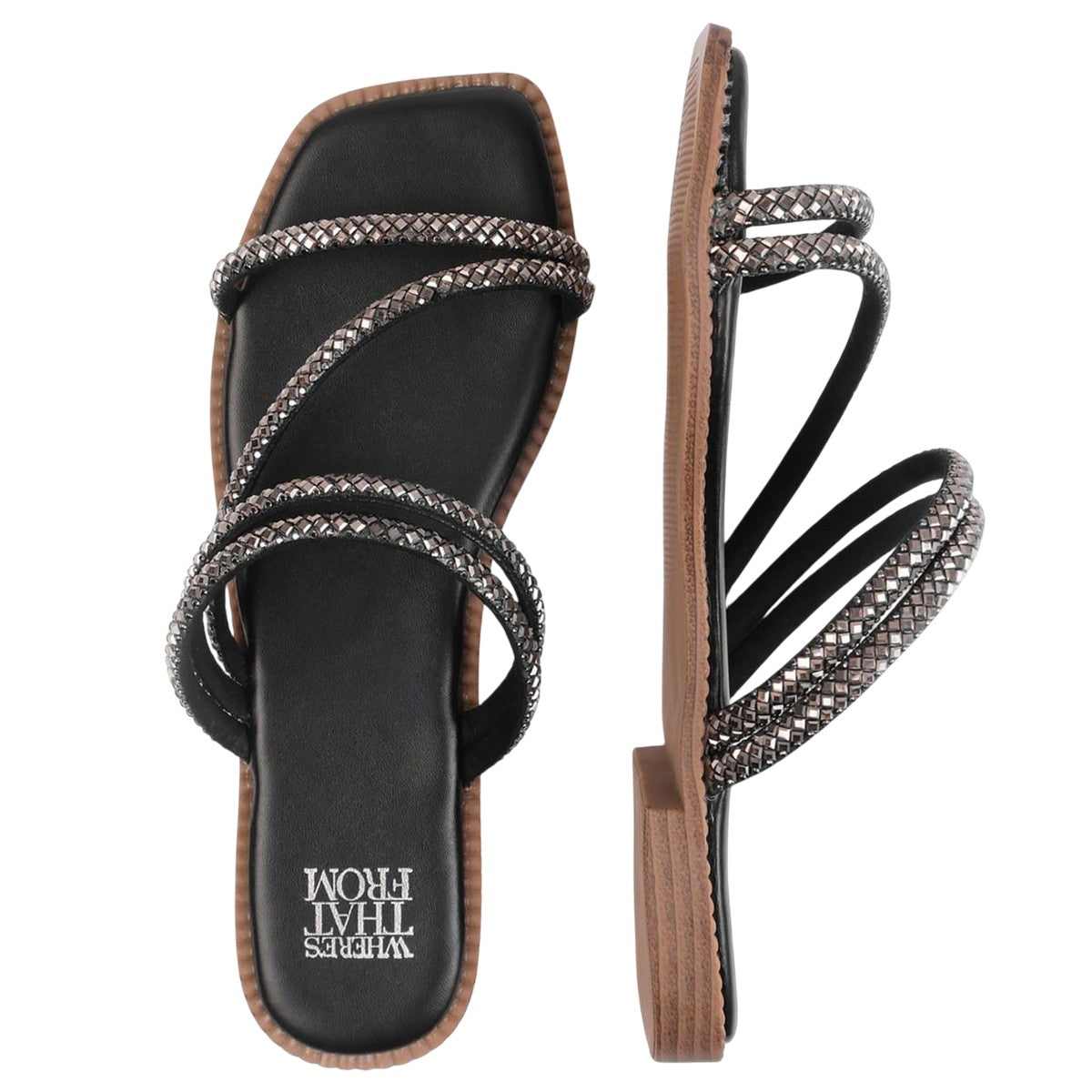 Black - Back - Where´s That From Womens-Ladies Diamante Strappy Flat Sandals