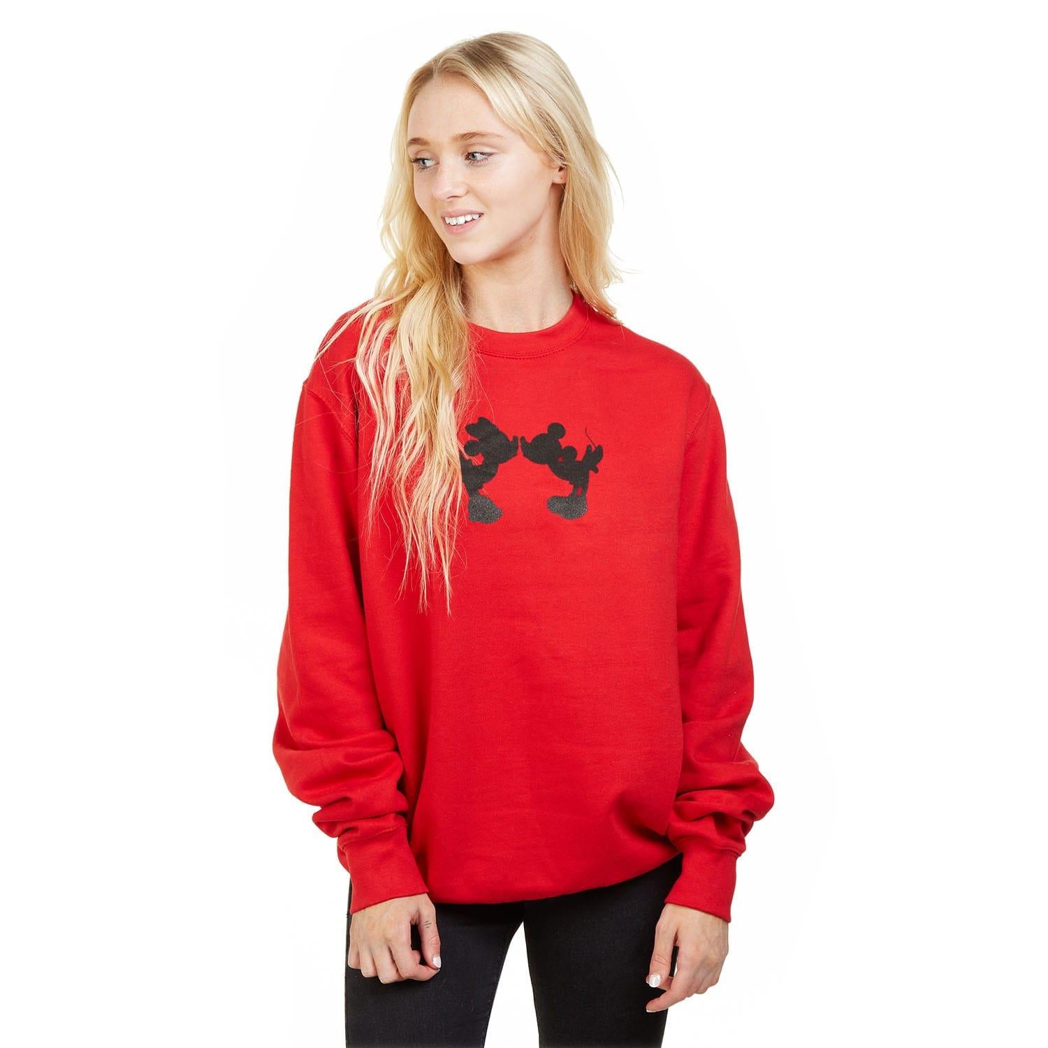 Red-Black - Lifestyle - Disney Womens-Ladies Mickey & Minnie Mouse Kiss Silhouette Crew Neck Sweatshirt