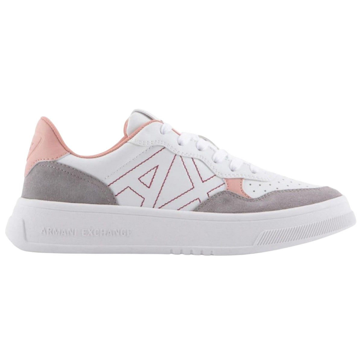 White-Pink - Side - Armani Exchange Womens-Ladies Leather Trainers