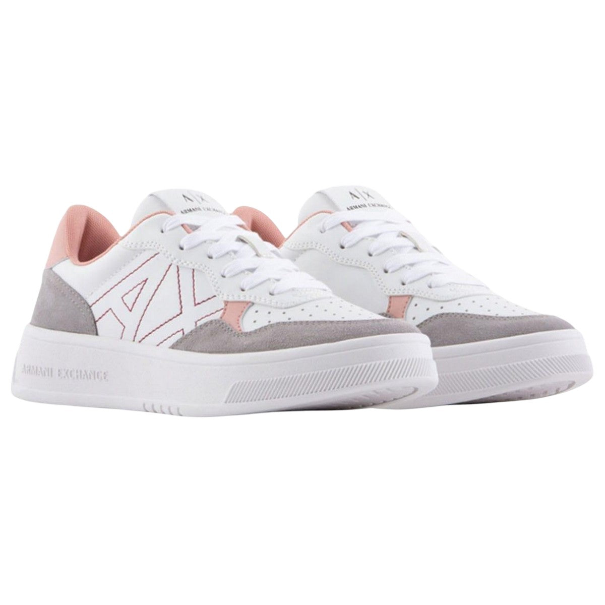 White-Pink - Front - Armani Exchange Womens-Ladies Leather Trainers