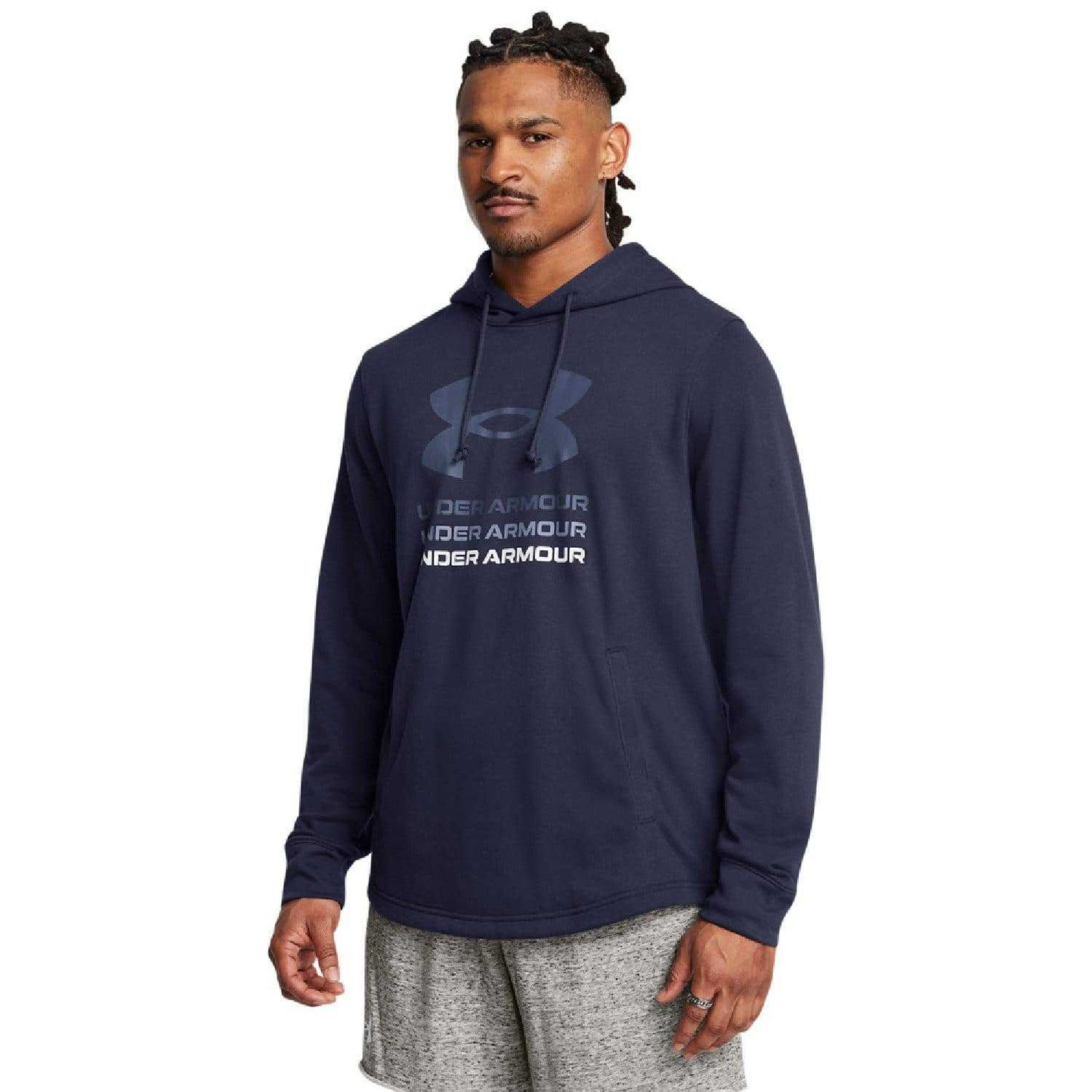 Blue - Side - Under Armour Mens Rival Graphic Terrycloth Hoodie