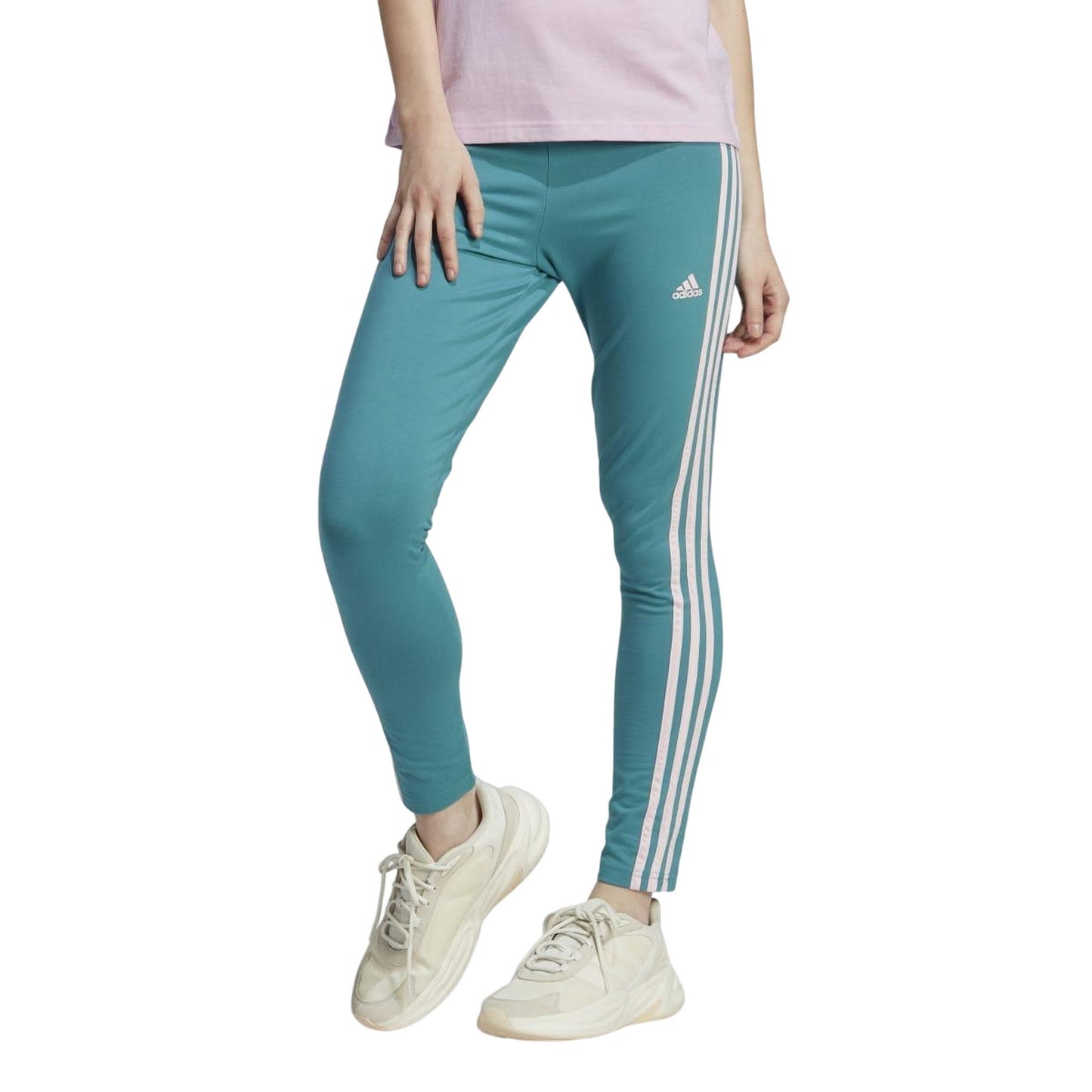 Teal - Side - Adidas Womens-Ladies Jersey Stripes High Waist Leggings