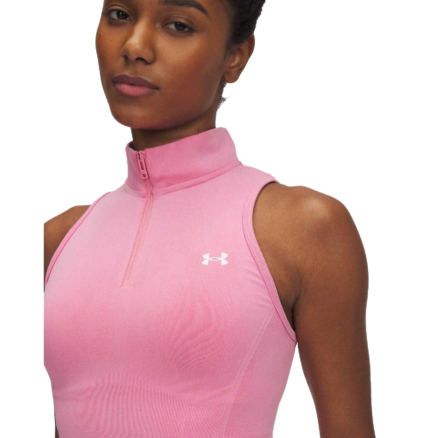 Pink - Side - Under Armour Womens-Ladies Seamless Washed Quarter Zip Sleeveless Tank Top