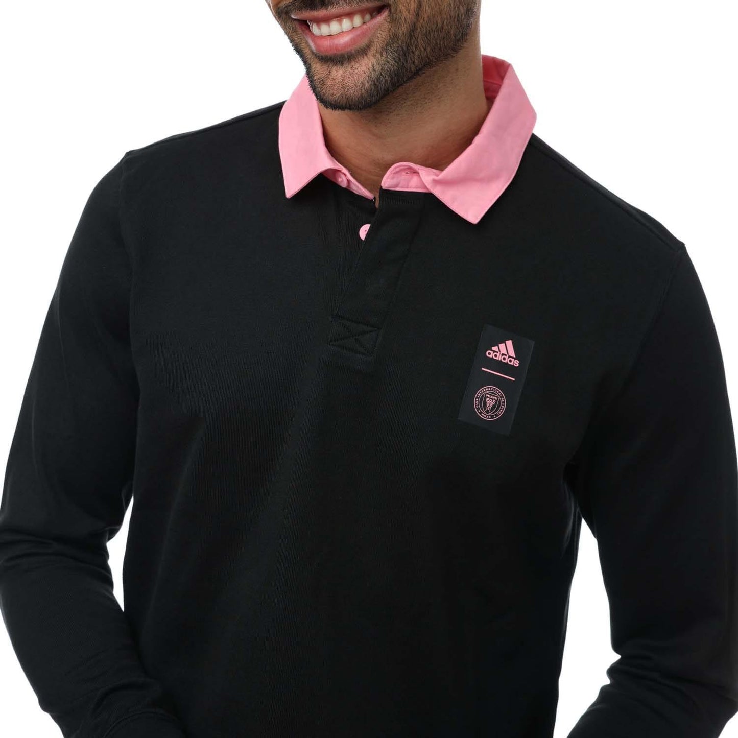 Black - Side - Adidas Mens Inter Miami CF Long-Sleeved Travel Polo Shirt