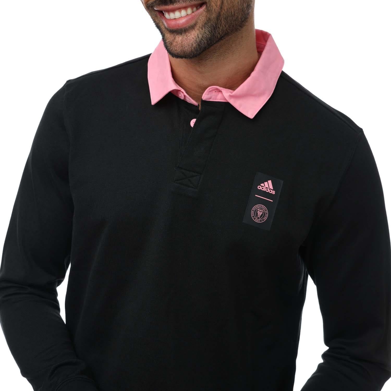 Black - Side - Adidas Mens Inter Miami CF Long-Sleeved Travel Polo Shirt