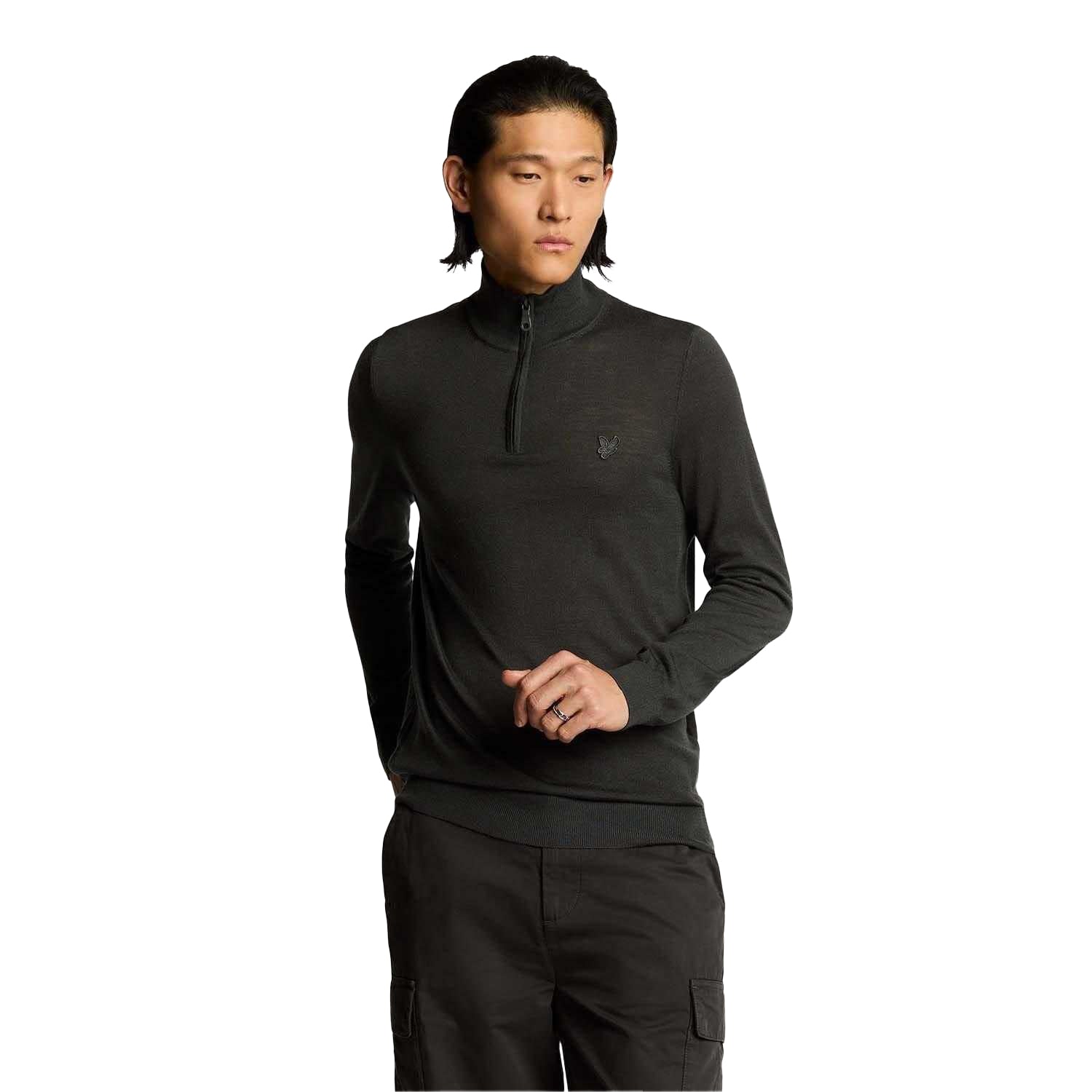 Grey - Pack Shot - Lyle & Scott Mens Eagle Merino Tonal Quarter Zip Jumper