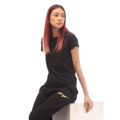 Black - Close up - Boss Womens-Ladies Eventsa4 Leather Logo Regular T-Shirt