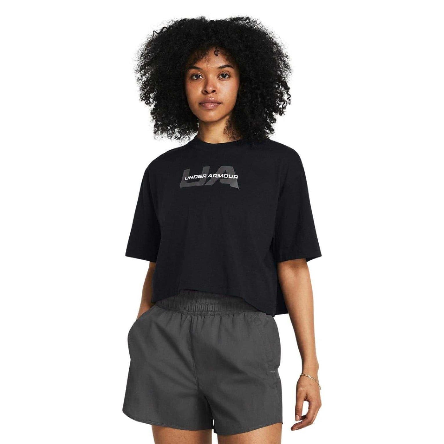 Black - Side - Under Armour Womens-Ladies Cropped Boxy T-Shirt