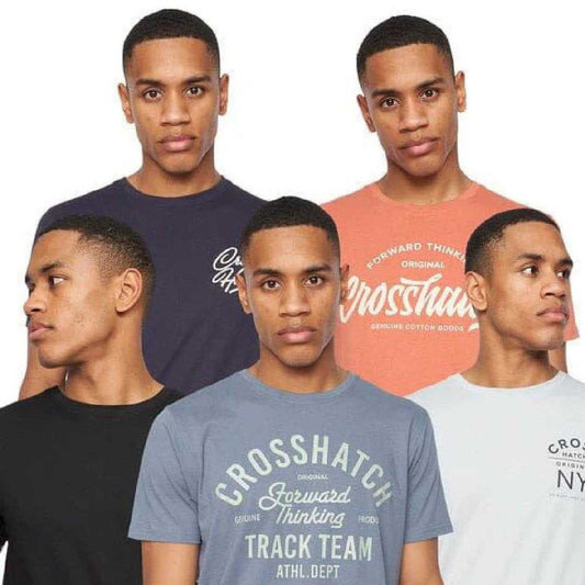Navy-Orange-Black-Grey Marl-White - Front - Crosshatch Mens Brandax Printed T-Shirt (Pack of 5)