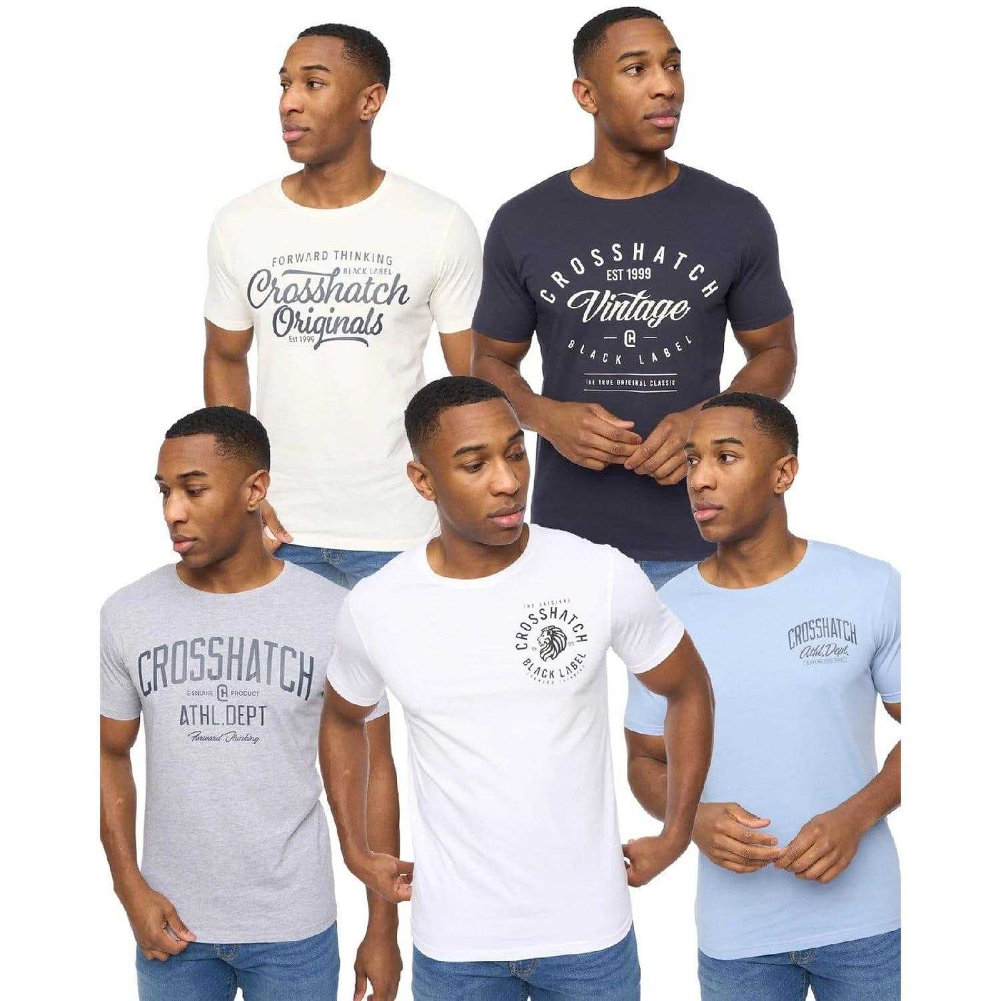 Navy-Off White-Blue-Grey Marl-White - Front - Crosshatch Mens College Theme Printed T-Shirt (Pack of 5)