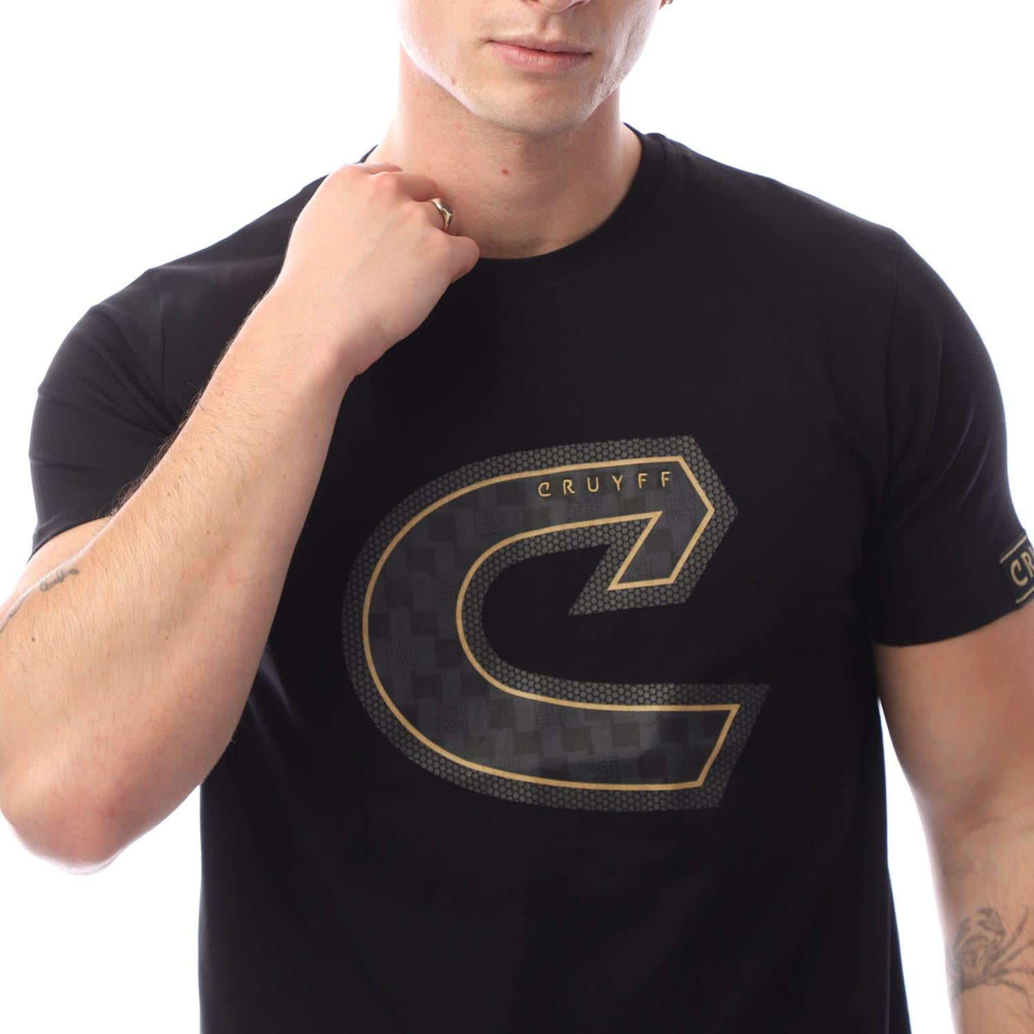 Black-Black-Gold-Gold - Side - Cruyff Mens Logo Fuzeknit T-Shirt