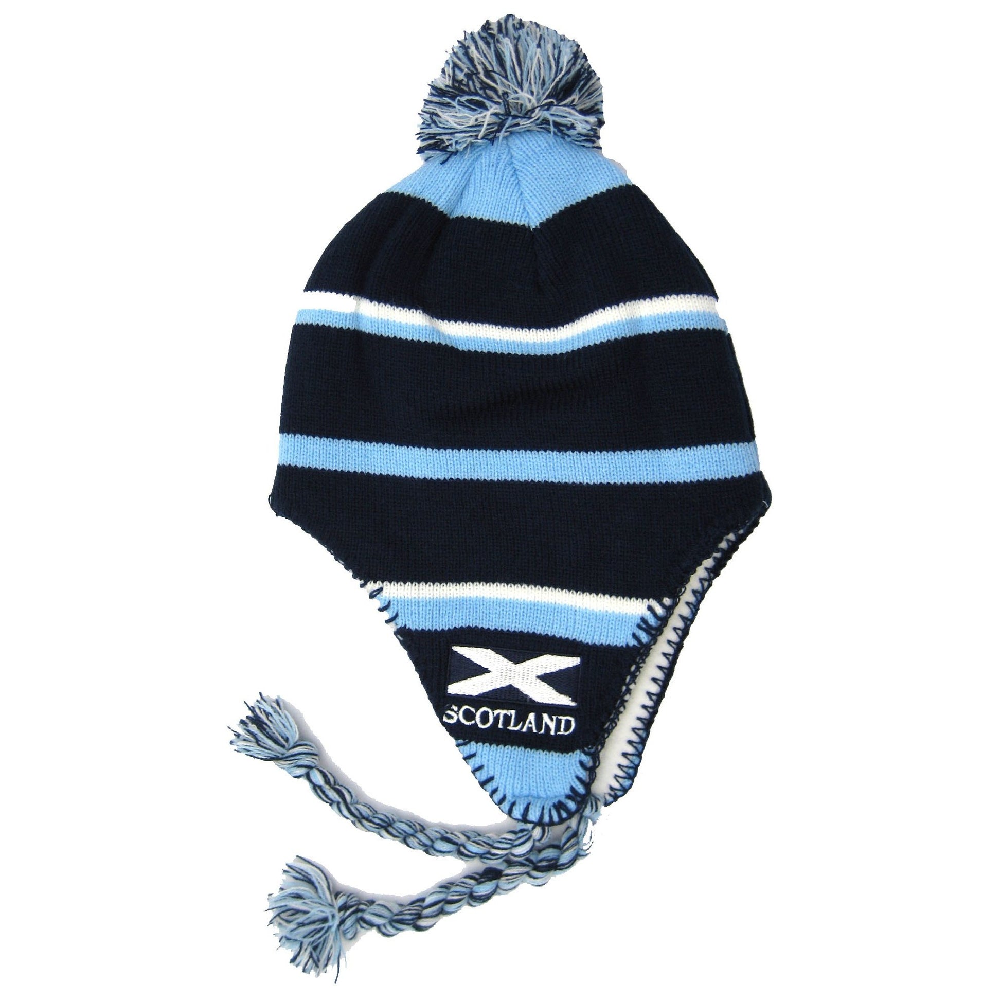 Navy-Blue-White - Front - Kids-Childrens Boys Scotland Stripe Peruvian Hat with Tassels