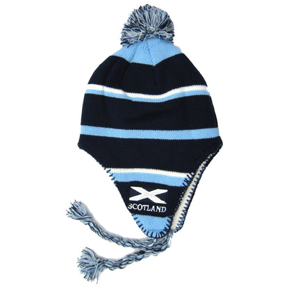 Navy-Blue-White - Front - Kids-Childrens Boys Scotland Stripe Peruvian Hat with Tassels