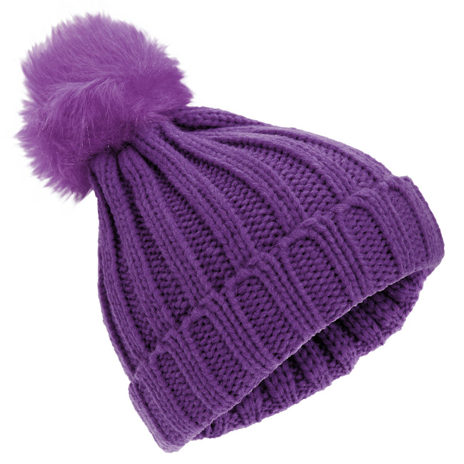 Plum - Front - Childrens Girls Rockjock Cable Knit Faux Fur Pom Pom Winter Beanie Hat