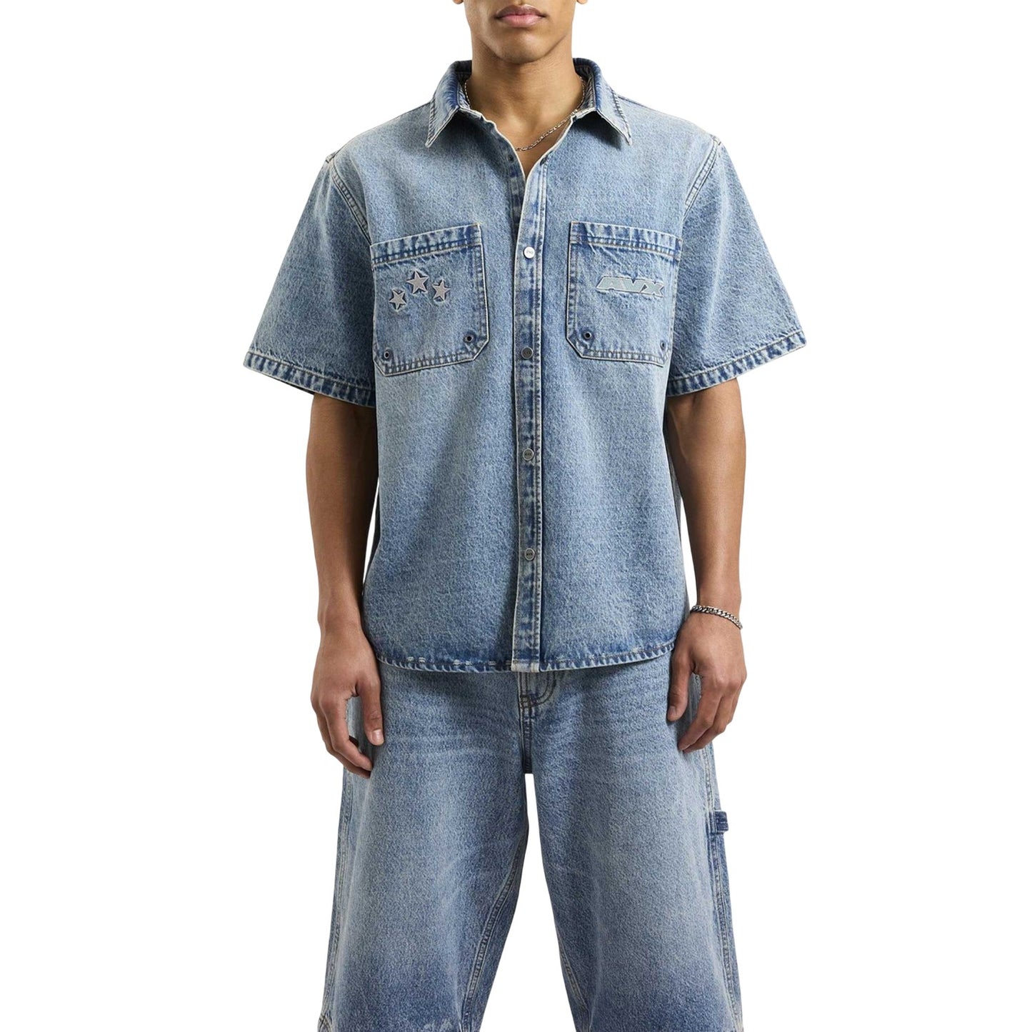 Mid Denim - Front - AVX Mens Cruise Denim Shirt