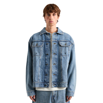 Mid Denim - Front - AVX Mens Edwards Leather Patch Denim Jacket