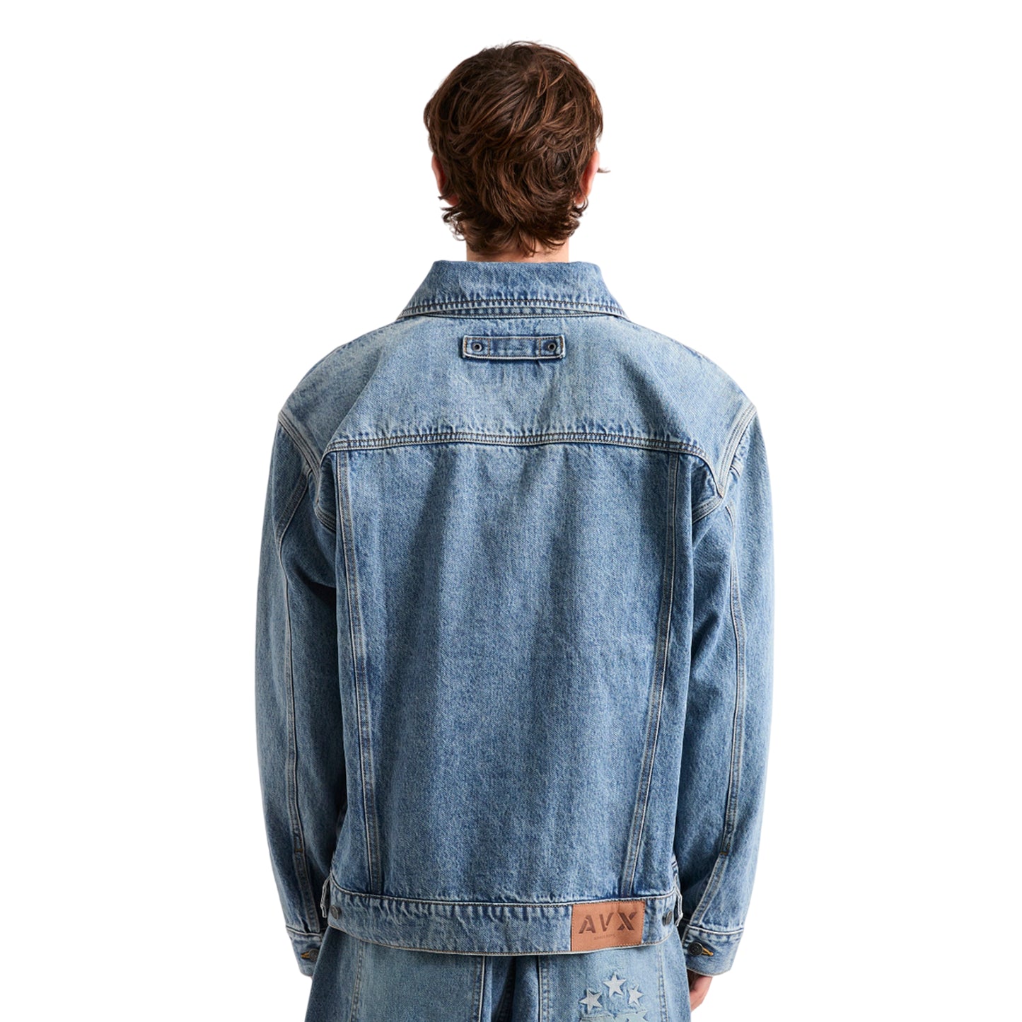 Mid Denim - Back - AVX Mens Edwards Leather Patch Denim Jacket