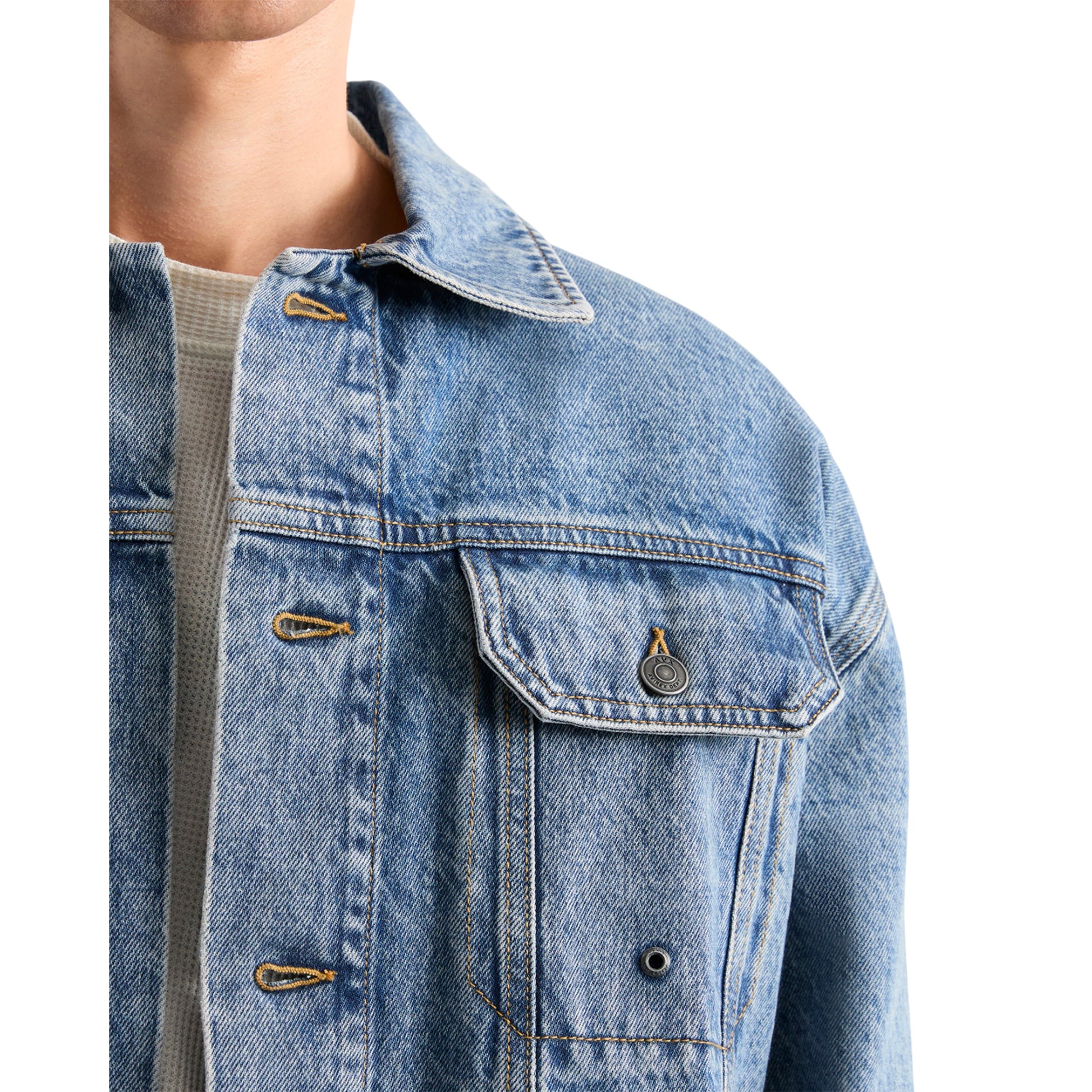 Mid Denim - Side - AVX Mens Edwards Leather Patch Denim Jacket