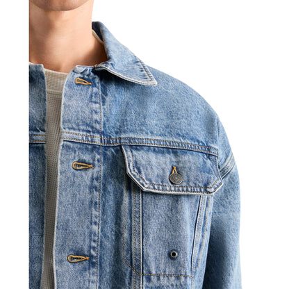 Mid Denim - Side - AVX Mens Edwards Leather Patch Denim Jacket