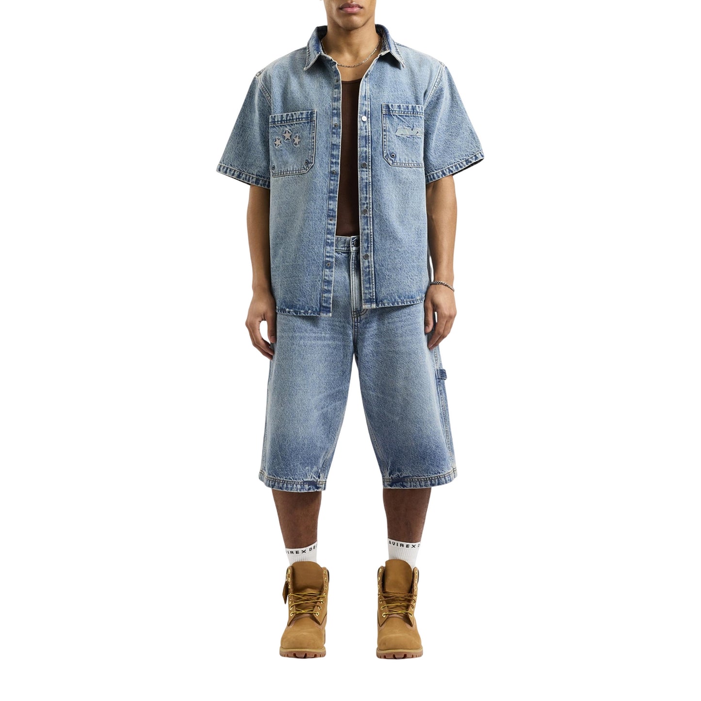 Mid Denim - Lifestyle - AVX Mens Dam Denim Leather Patch Shorts