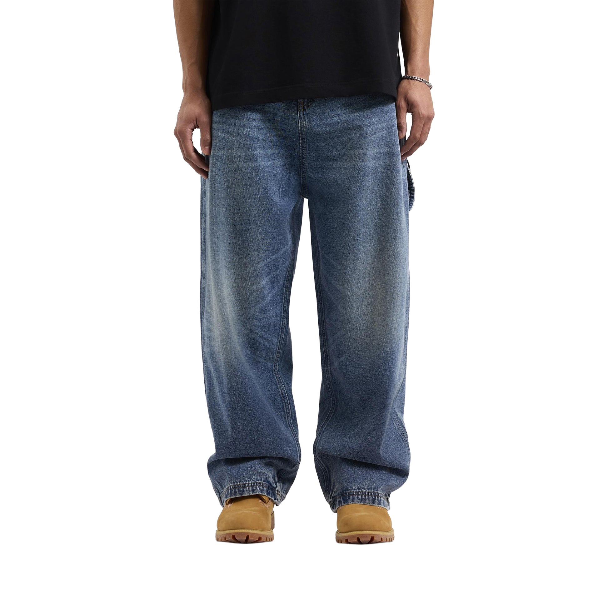 Mid Denim - Front - AVX Mens Mitch Denim Leather Patch Trousers