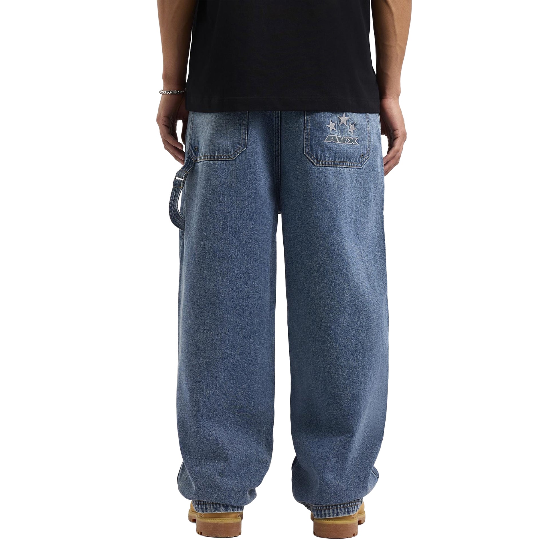 Mid Denim - Back - AVX Mens Mitch Denim Leather Patch Trousers