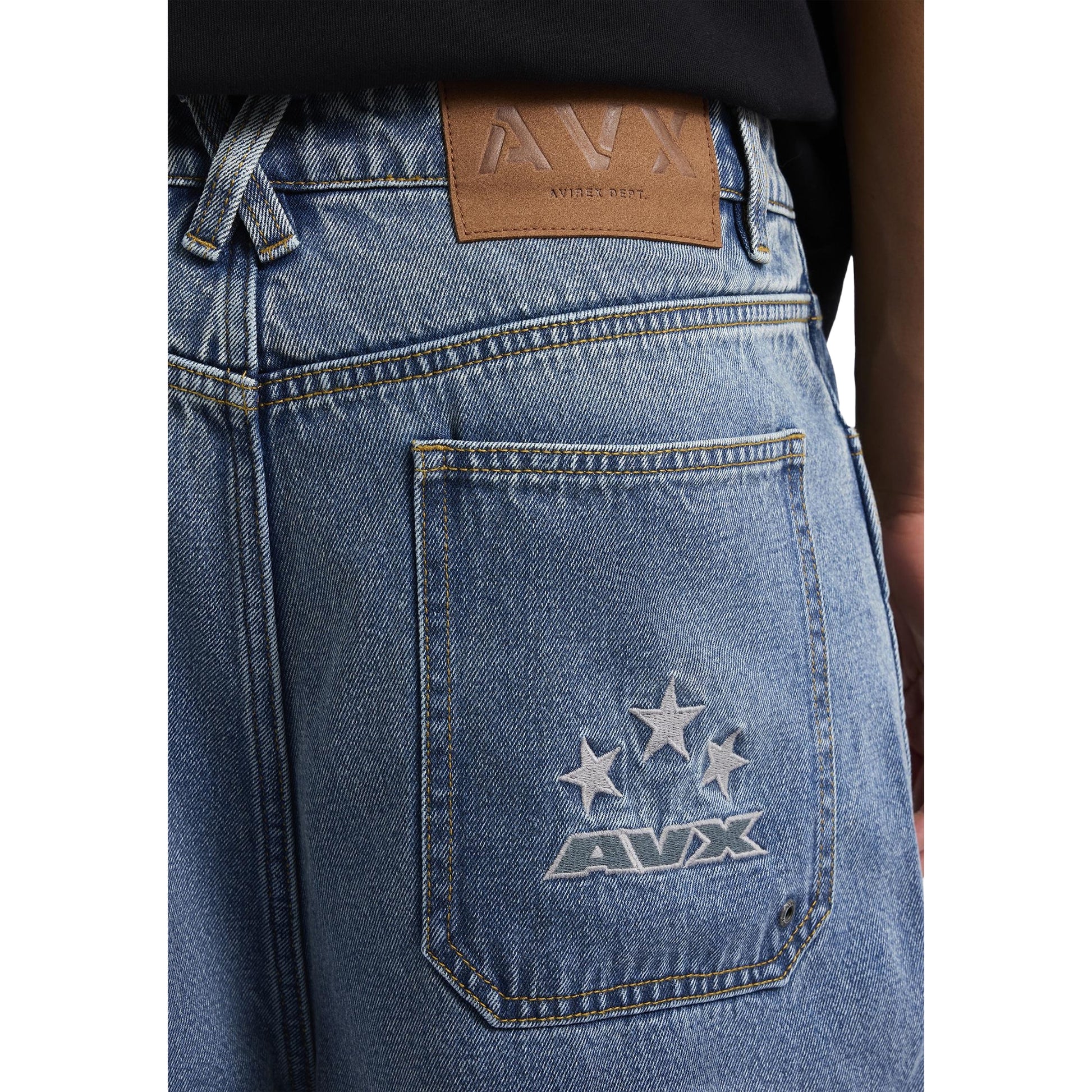 Mid Denim - Side - AVX Mens Mitch Denim Leather Patch Trousers