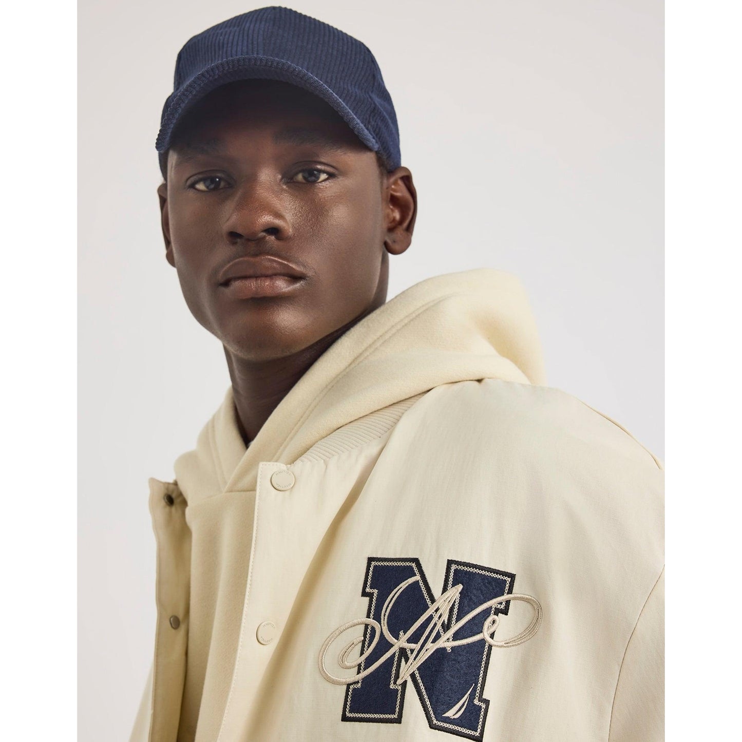 Ivory - Side - Nautica Mens Dreman Letterman Jacket